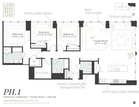 Floor plan for 3 beds, 2.5 baths, 1950 sqft